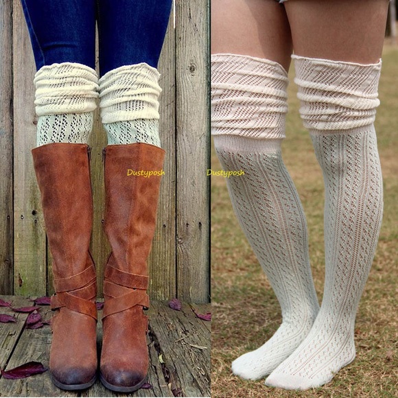 Crochet Over The Knee Socks Thigh High Peach Blue - Picture 2 of 5