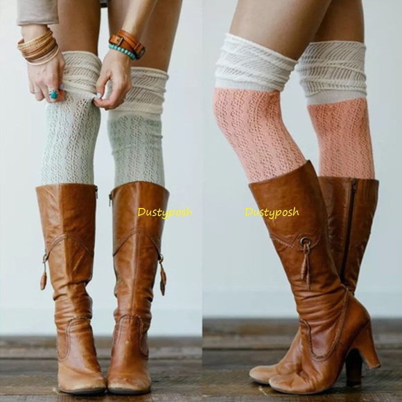 Crochet Over The Knee Socks Thigh High Peach Blue - Picture 3 of 5