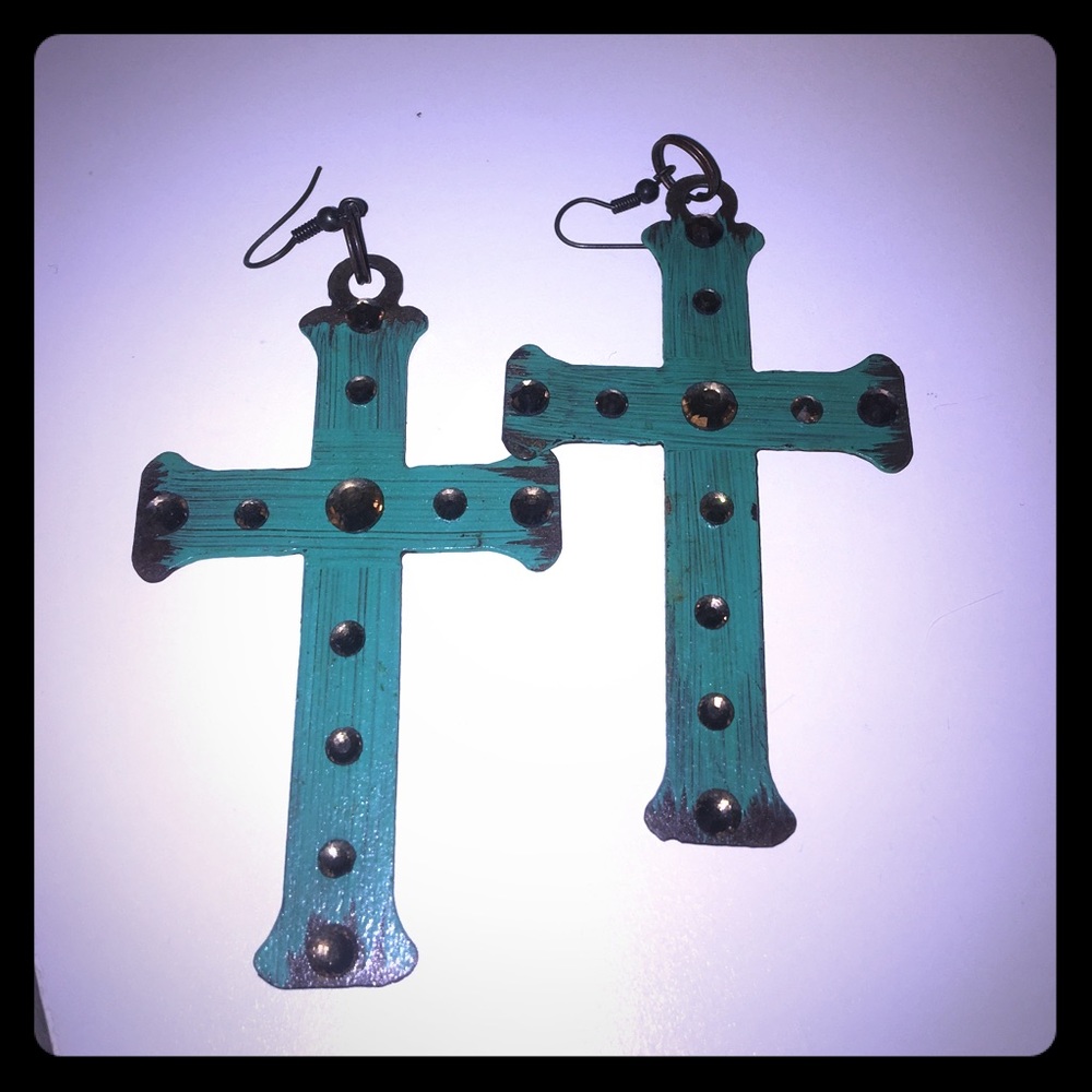 Turquoise Rustic Cross Earrings