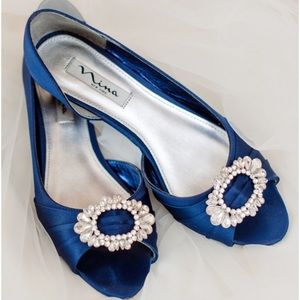 Nina navy satin d'Orsay wedges with embellishment