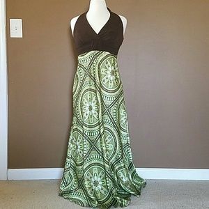 Brown and Green Maxi Halter Dress