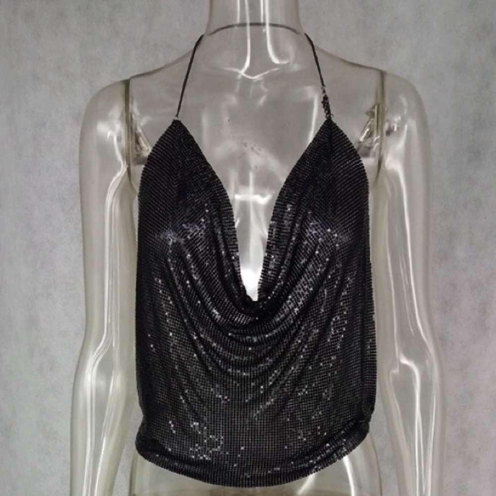 NEW! Black Metal Mesh Halter Top - Picture 2 of 5