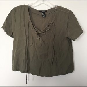 army green lace up crop top