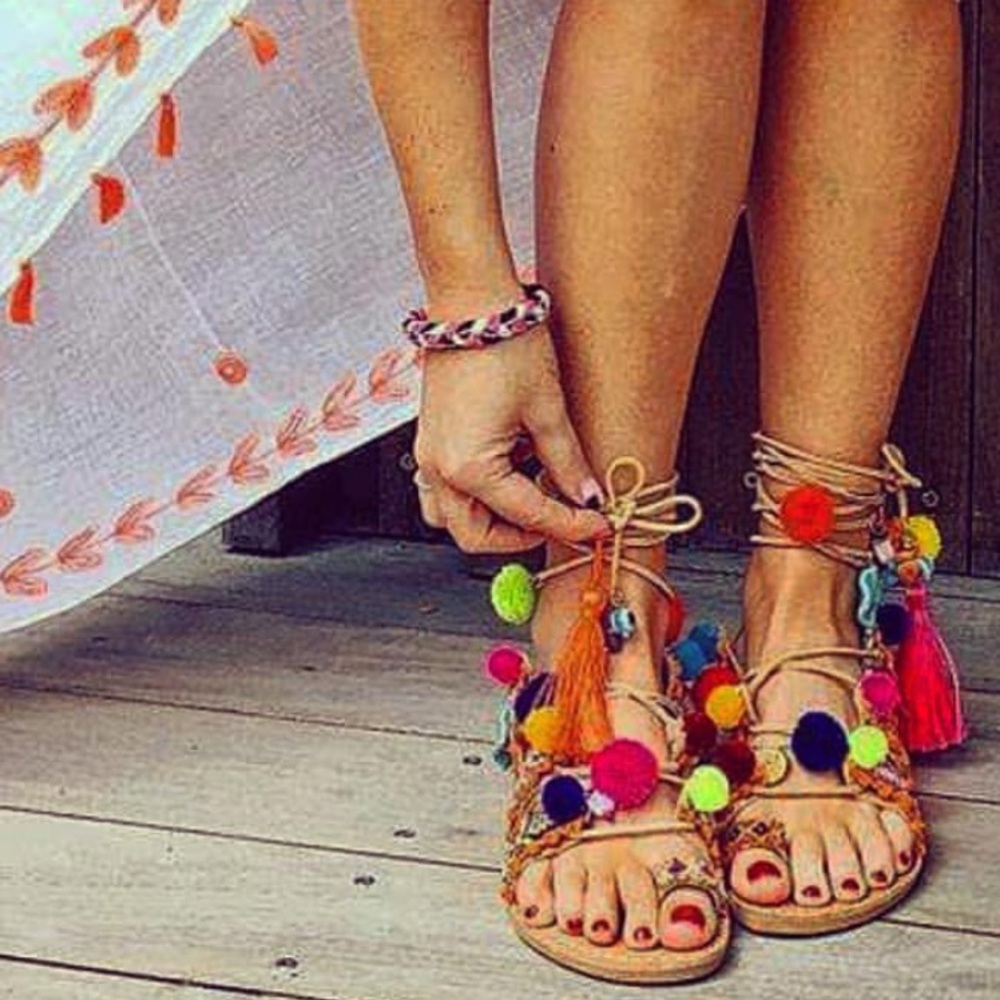 Pom Pom lace up sandals