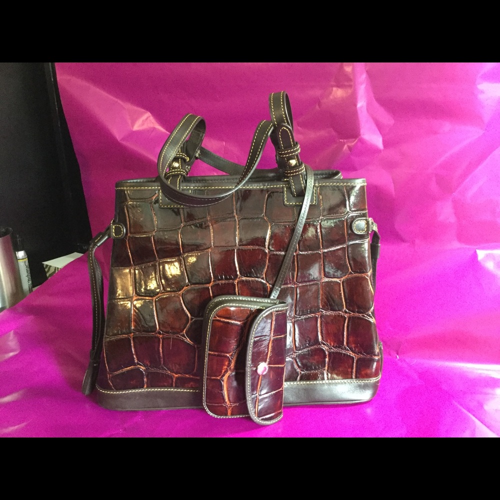 Stamped croc leather handbag