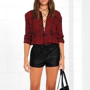 Lulu's what's in black vegan leather shorts