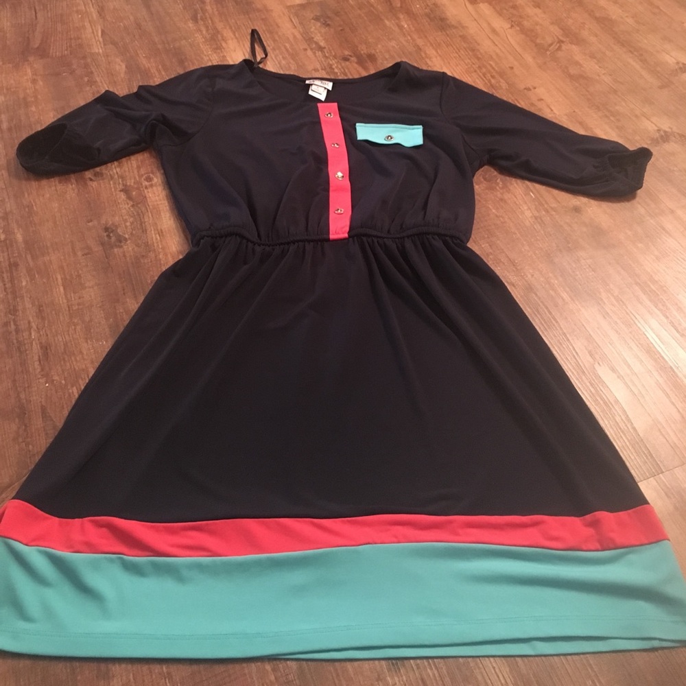 Navy blue, coral and aqua dress