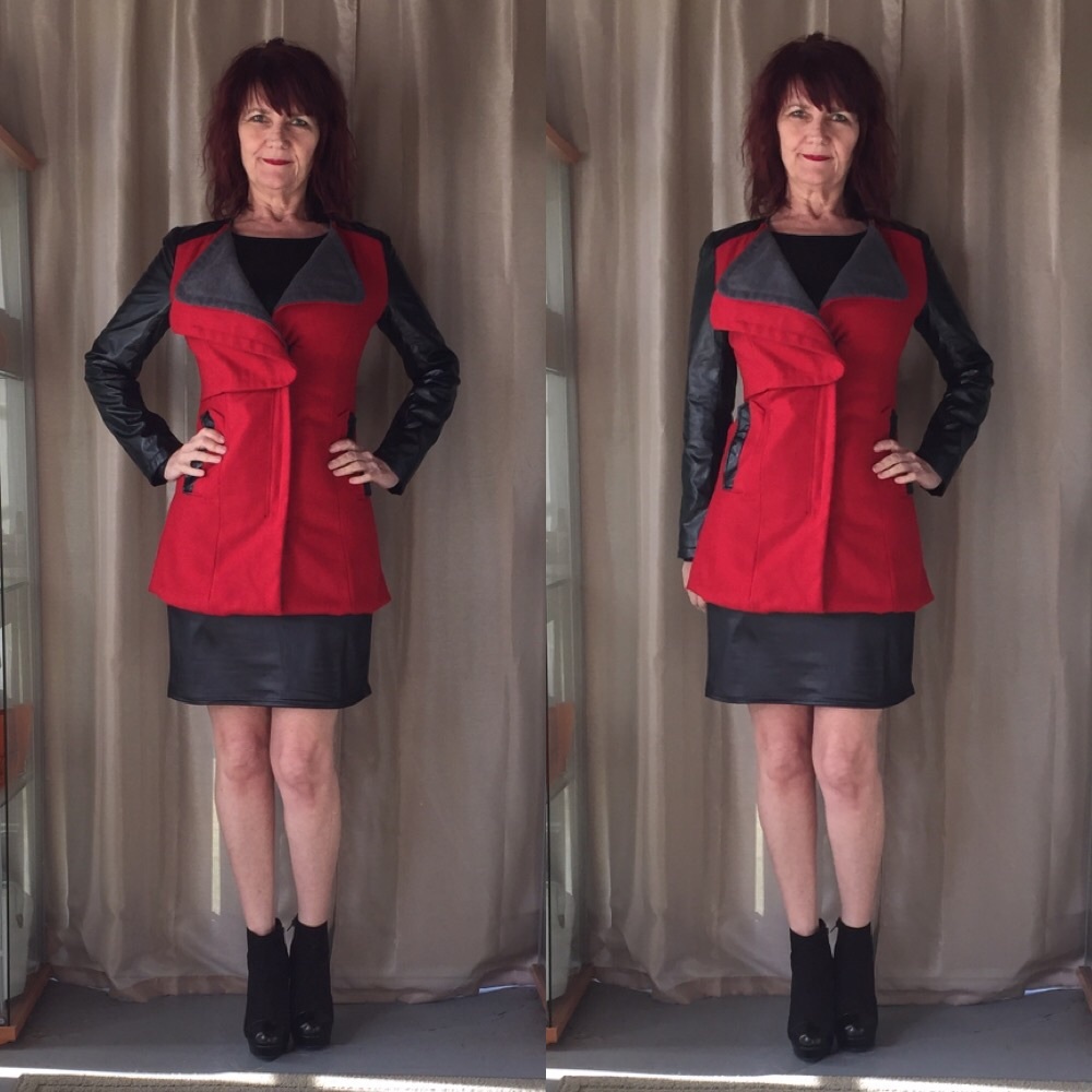 NWT RED JACKET WITH BLACK FAUX LEATHER SLEEVES