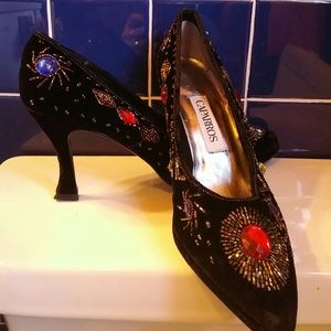 New black velvet heels with multicolor beading