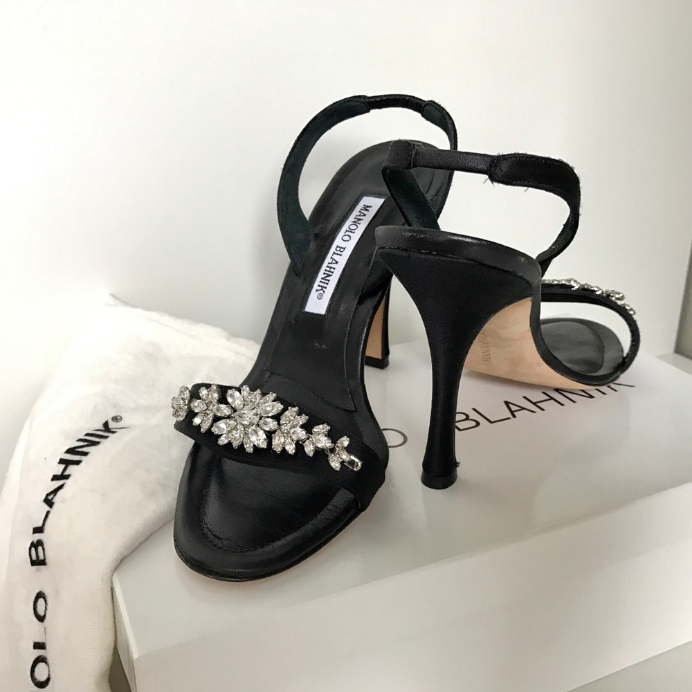 Manolo Blahnik Jeweled Black Satin Slingback Heels