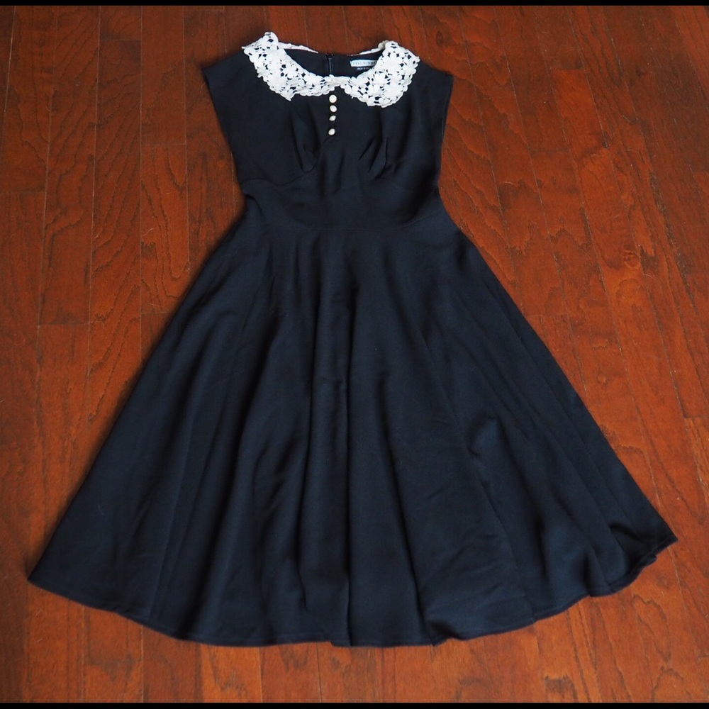 Hell Bunny Black 1950s Dress White Lace Collar