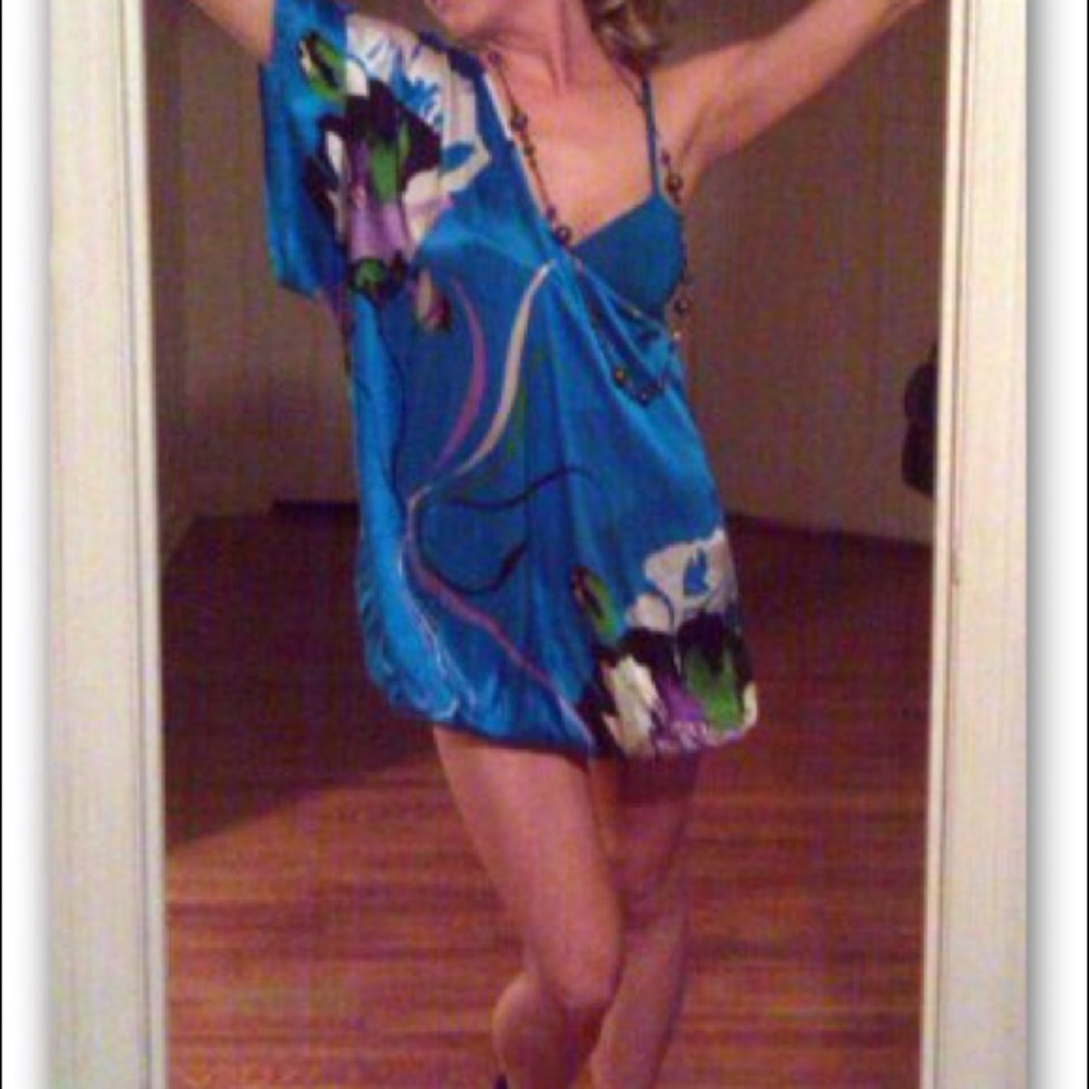 Blue silk one shoulder bebe dress