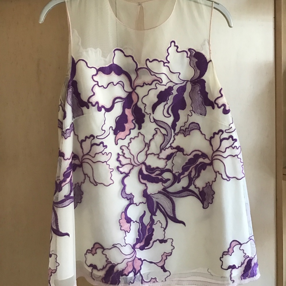 VINTAGE Vivienne Tam Sheer Tank w FloralEmbroidery