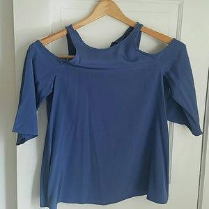 Blue cold shoulder silk blouse