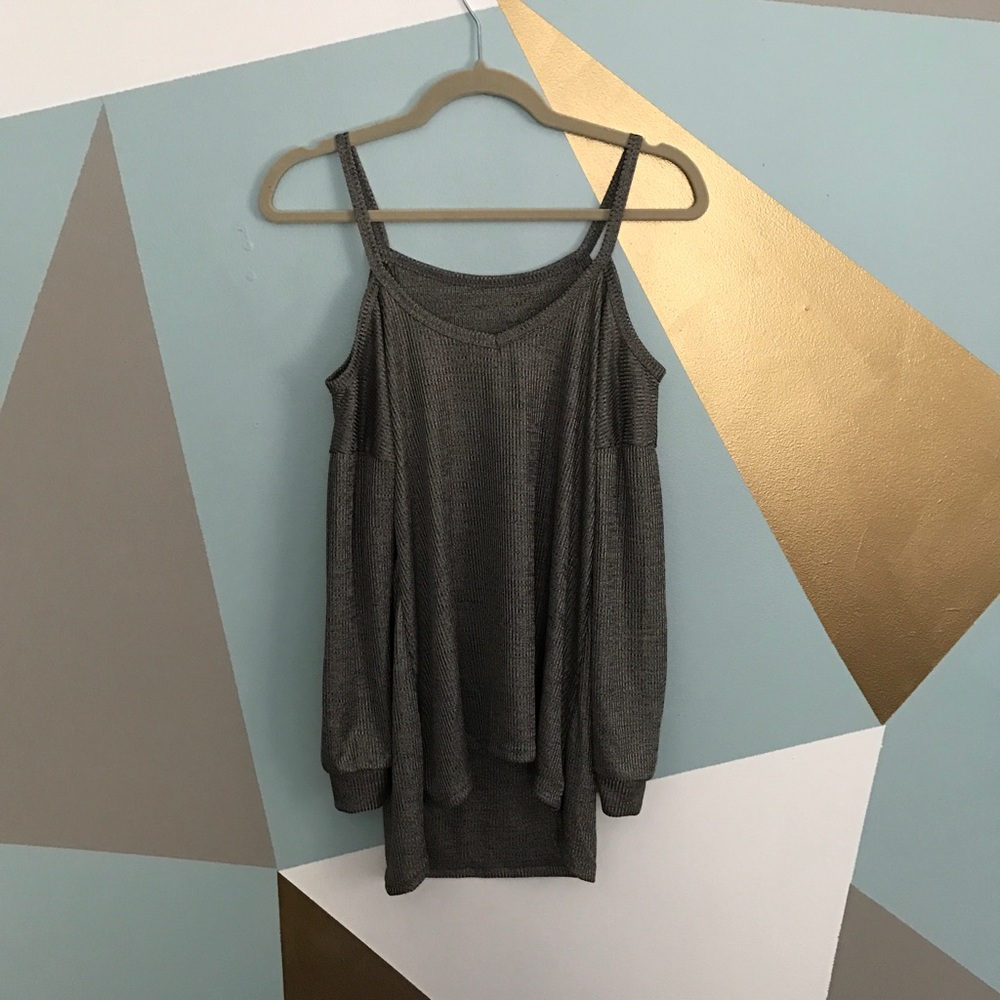 Open shoulder metallic grey top