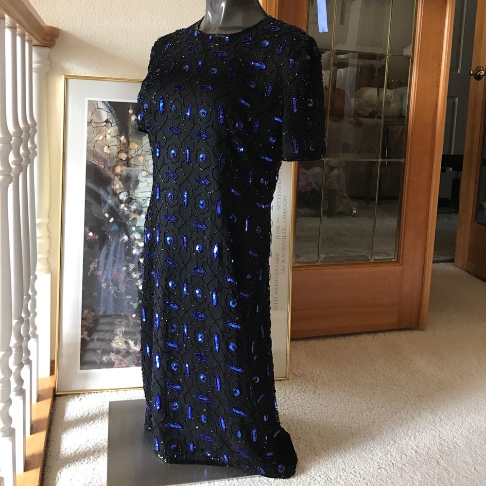 💯 SILK COCKTAIL DRESS VTG HAND BEADED MIDNIGHT BLUE  VELVET EX CONDITION SZ M