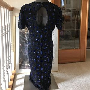 💯 SILK COCKTAIL DRESS VTG HAND BEADED MIDNIGHT BLUE  VELVET EX CONDITION SZ M