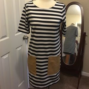 Club Monaco Navy Stripe dress with leather pockets