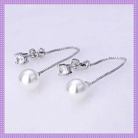 💗Pearl-Zirconia Sterling Silver Dangle Earrings💗 - Picture 2 of 3