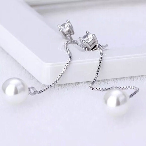 💗Pearl-Zirconia Sterling Silver Dangle Earrings💗 - Picture 3 of 3