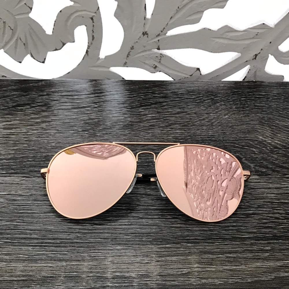 PINK MIRROR LENS ROSE GOLD AVIATOR SUNGLASSES - Picture 2 of 3