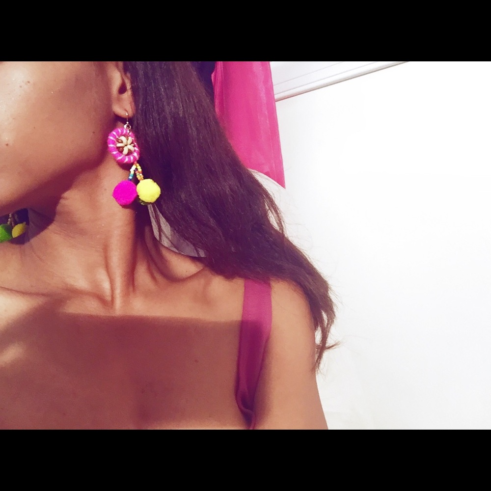 Beaded Pom Pom Earrings