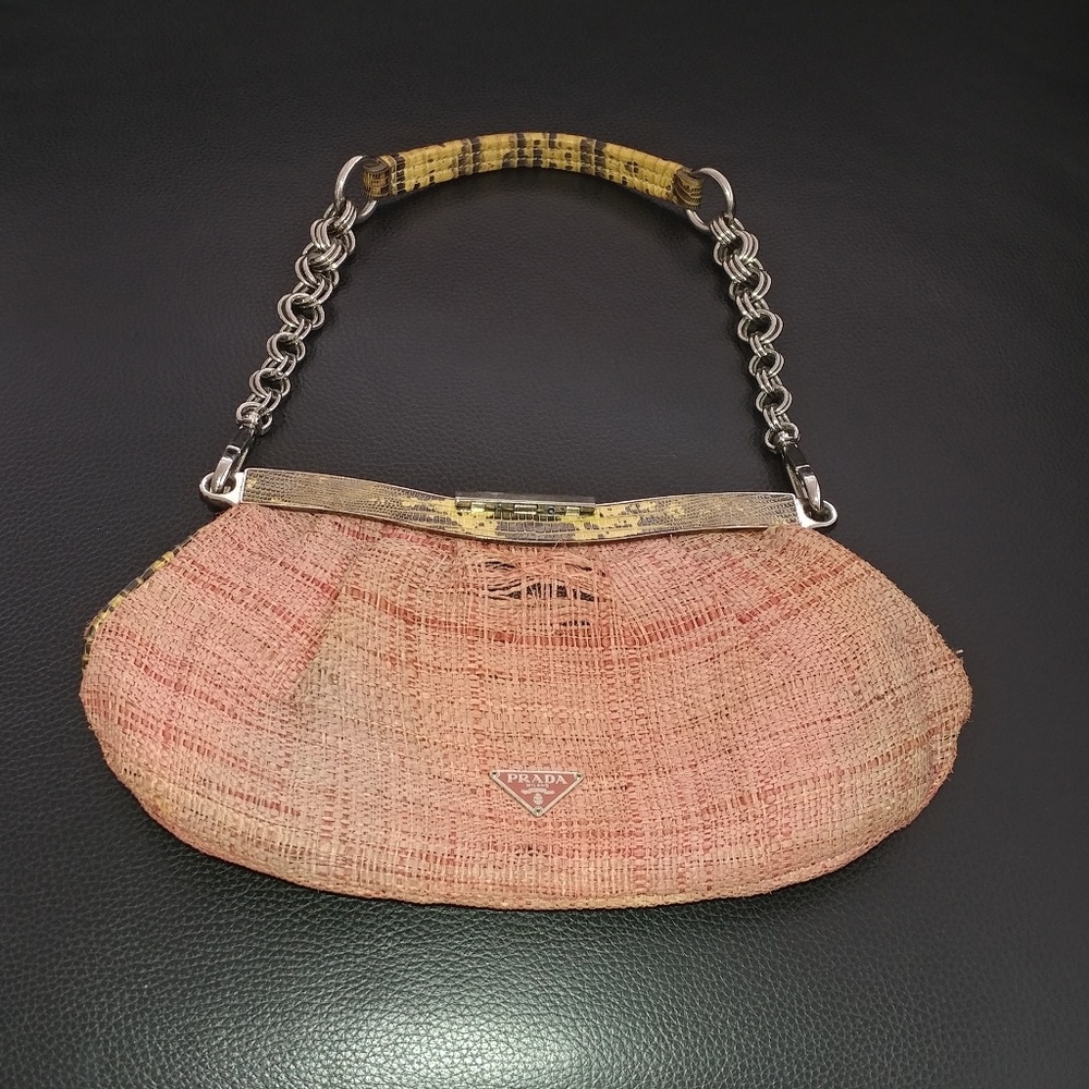 Prada Skipper Pink Distressed Straw Python Clutch