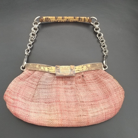 Prada Skipper Pink Distressed Straw Python Clutch - Picture 2 of 8