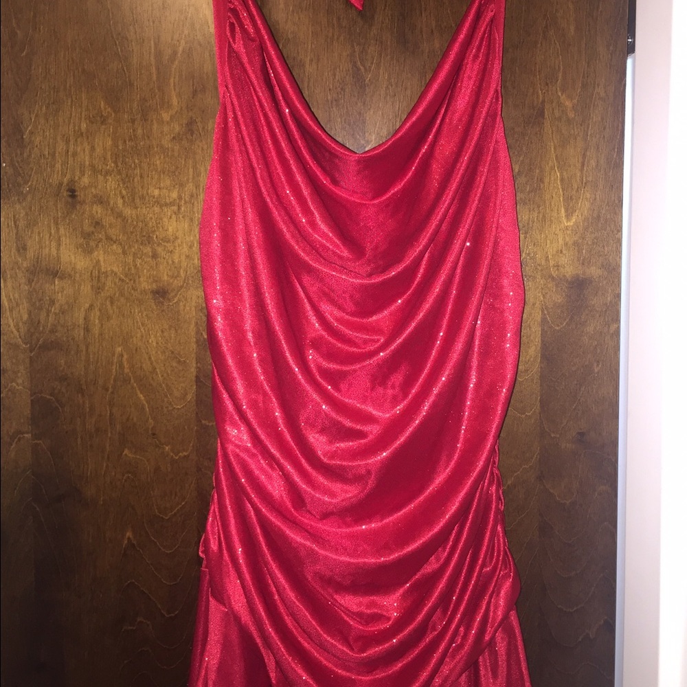 Red sparkle halter dress