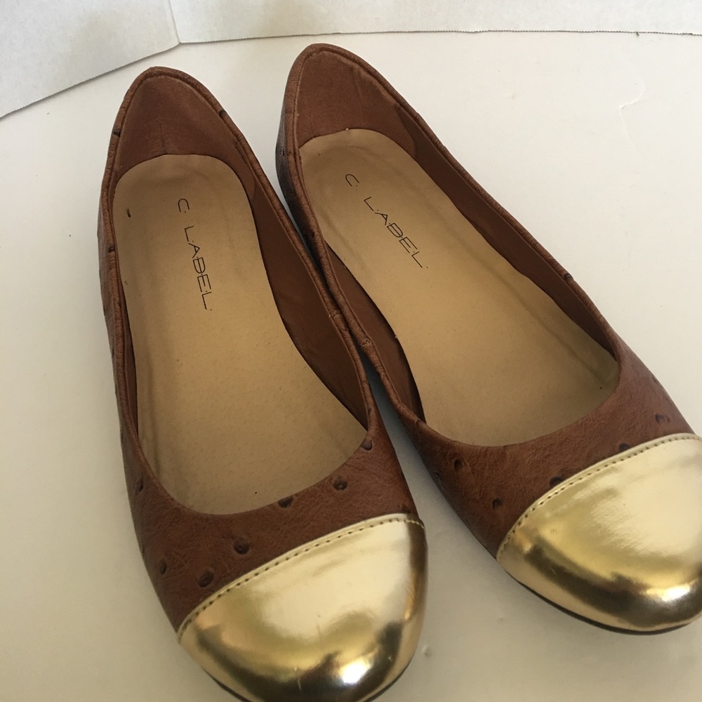 C label flats faux ostrich gold toe