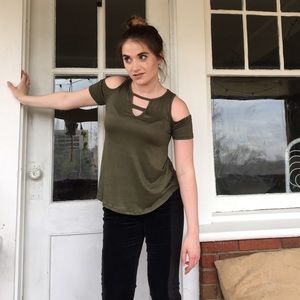 Cold shoulder cutout top in army green