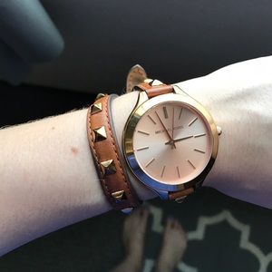 MICHAEL KORS ROSE GOLD STUDDED BROWN LEATHER WATCH
