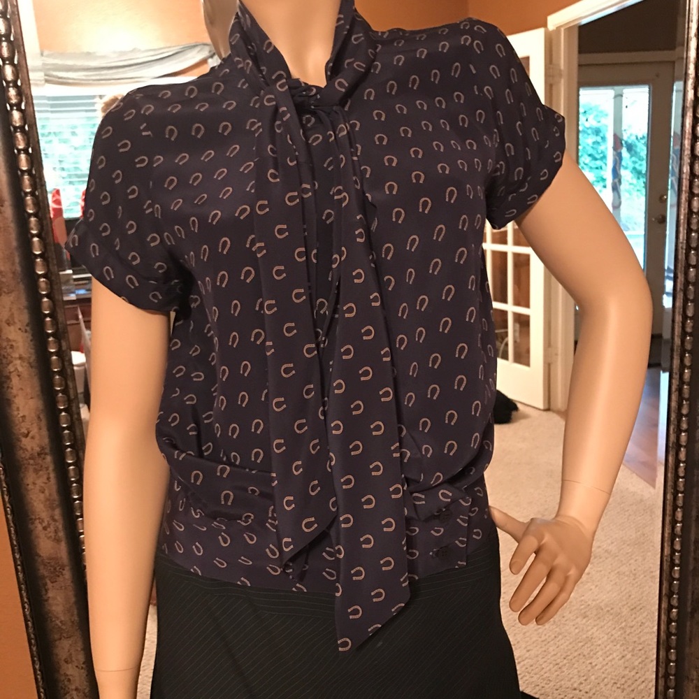 Navy Tie Neck Silk Blouse