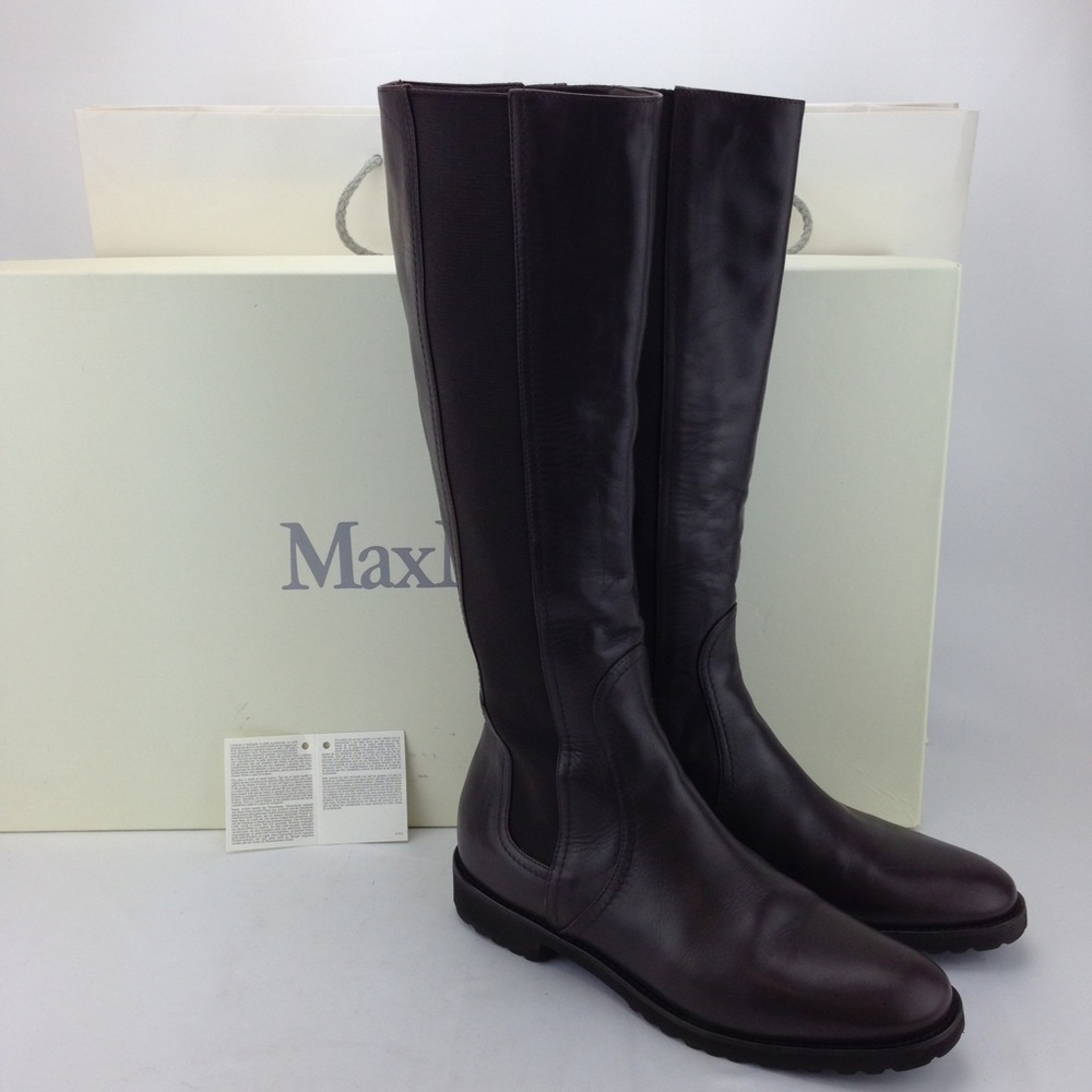 Max Mara Brown Leather Slip On Flat Riding Boots