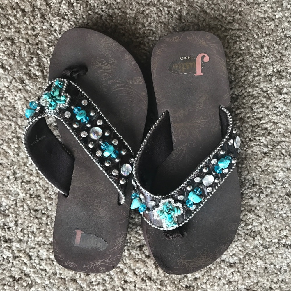 JUSTIN FLIP RHINESTONE FLIP FLOPS USED TURQUOISE