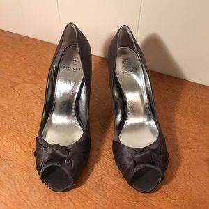 Monet pewter satin peep toe pumps