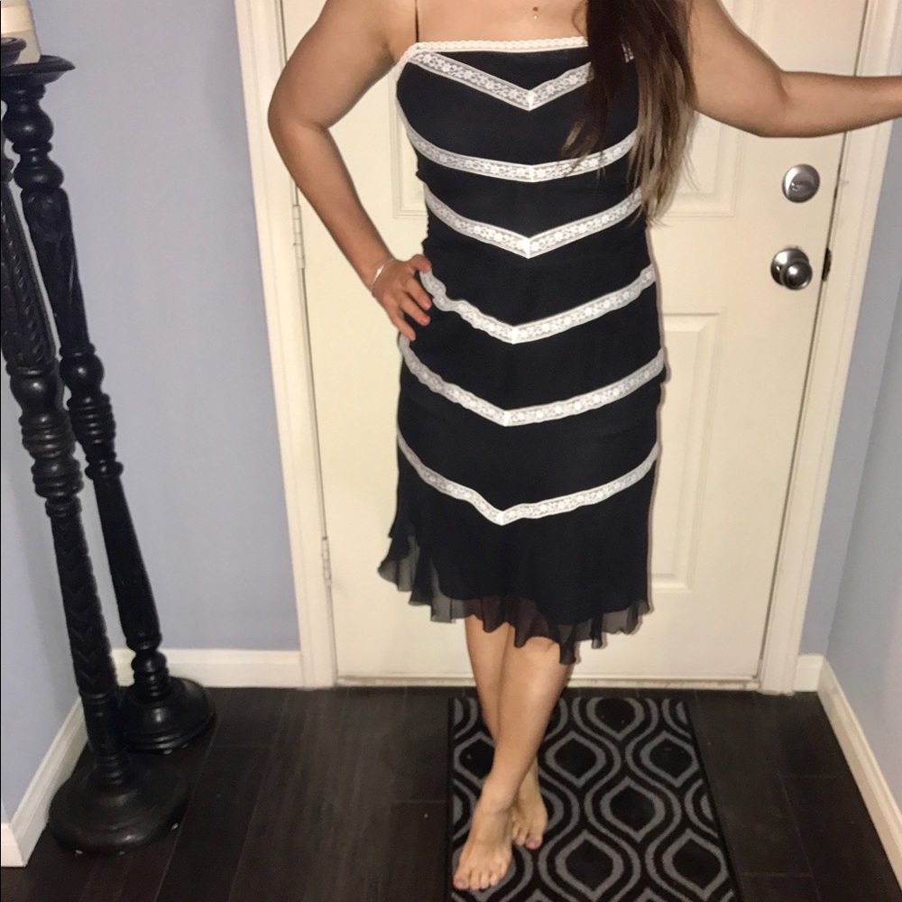 BCBG black chiffon dress with cream lace stripes