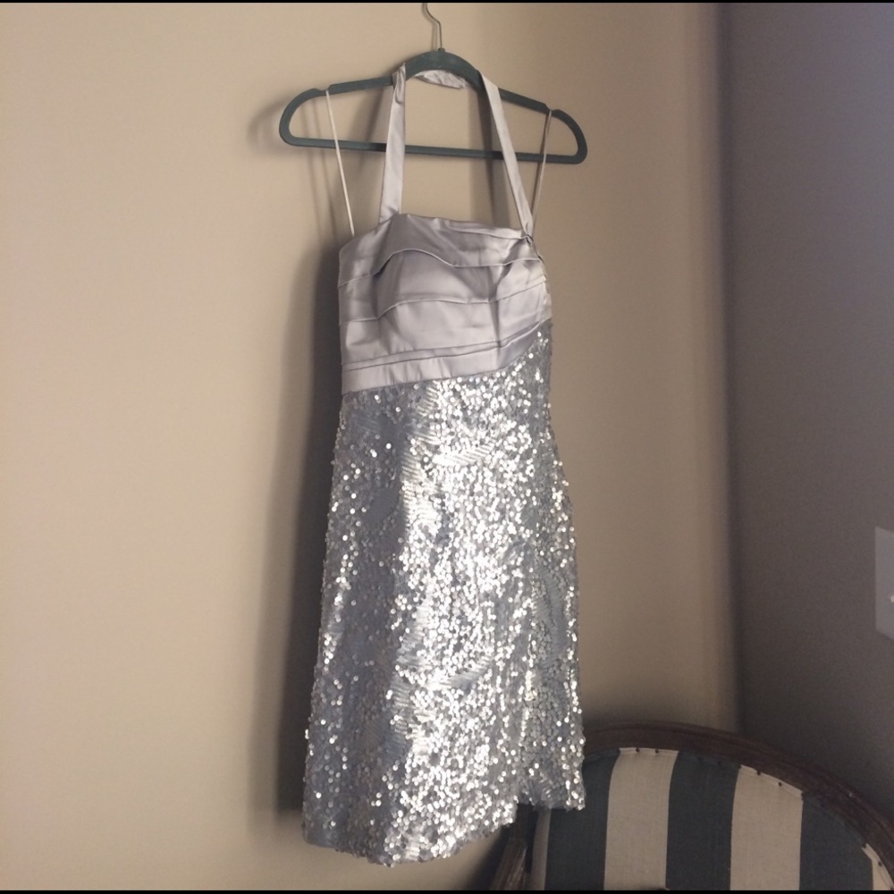 Silver sequined cocktail dress.