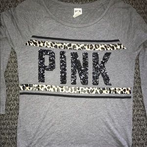 PINK LONG SLEEVE CHEETAH PRINT SEQUIN TOP