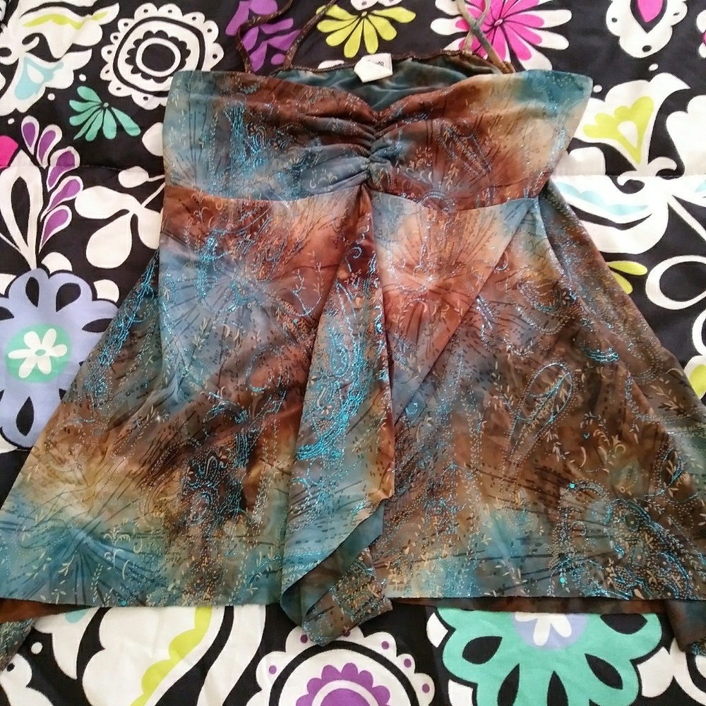 Sparkly blue and brown dress top