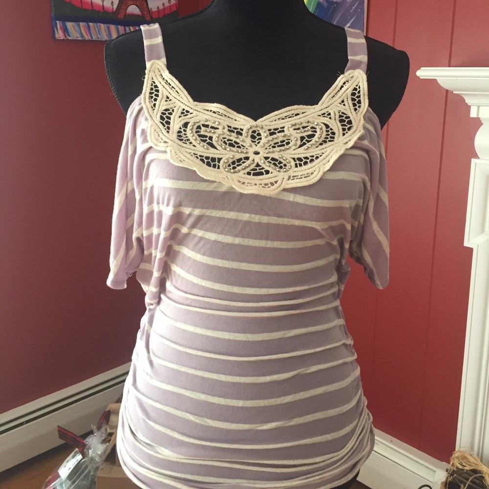 Open Shoulder Striped Lace Top