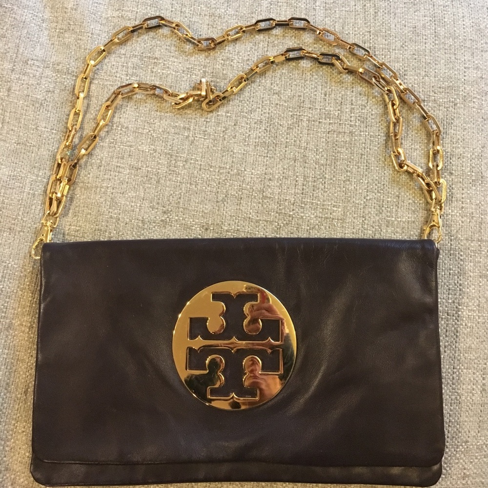Tory Burch Reva Clutch- Brown leather w/gold metal