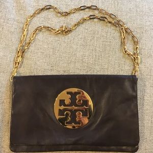 Tory Burch Reva Clutch- Brown leather w/gold metal