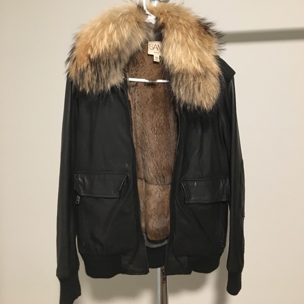 SAM leather bomber with detachable rabbit fur vest