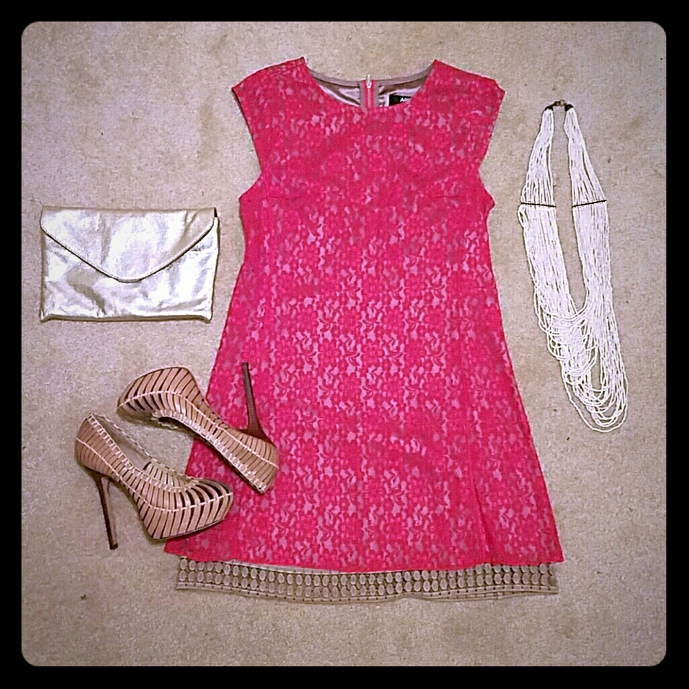 ABS Allen Schwartz Fuscia Lace Mini Shift Dress
