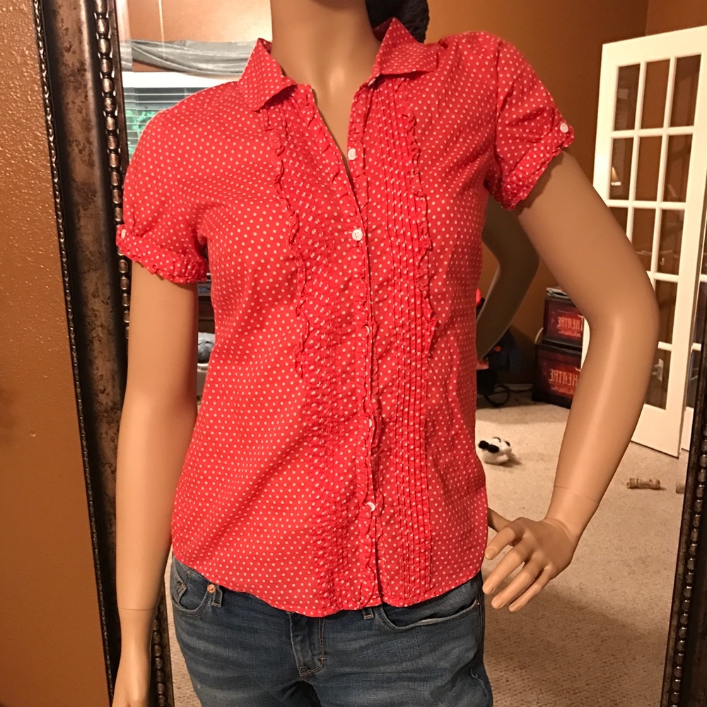 Red Poka Dot Button Blouse.