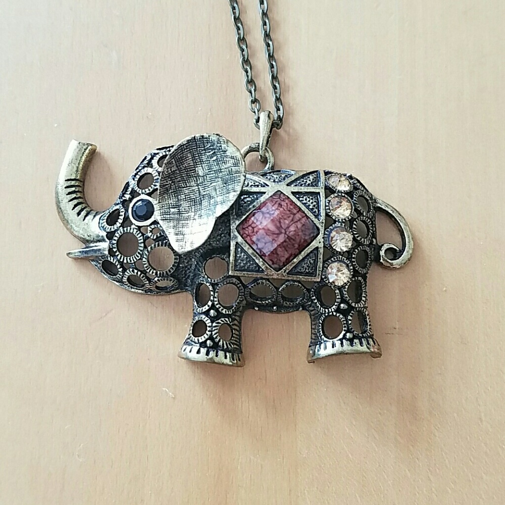 Elephant Necklace Bronze Tone Boho 28'