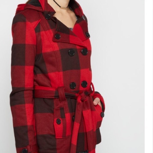 Red and black plaid hooded peacoat with tie belt - Picture 2 of 3
