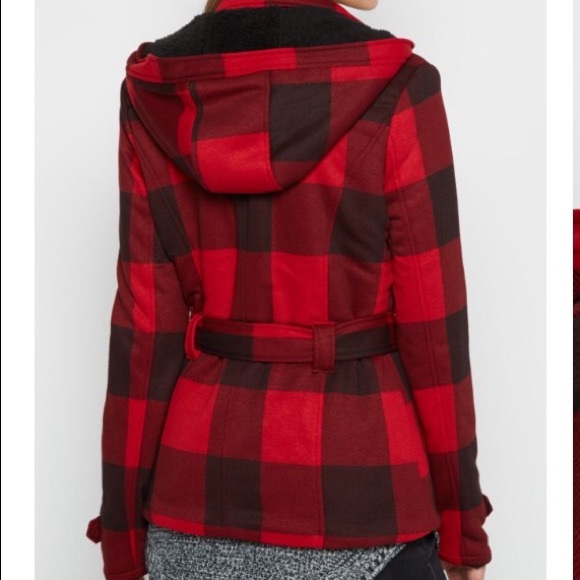 Red and black plaid hooded peacoat with tie belt - Picture 3 of 3