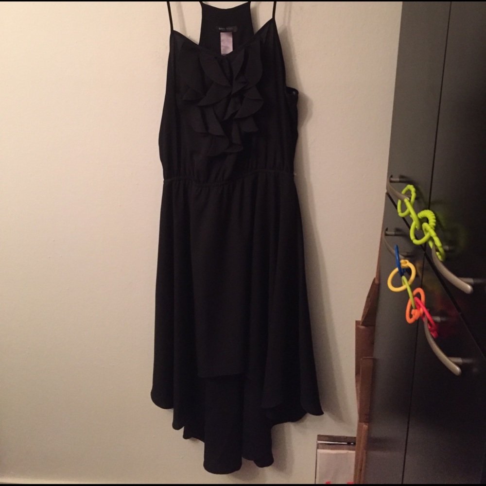 Racerback, high-low, ruffle front formal dress